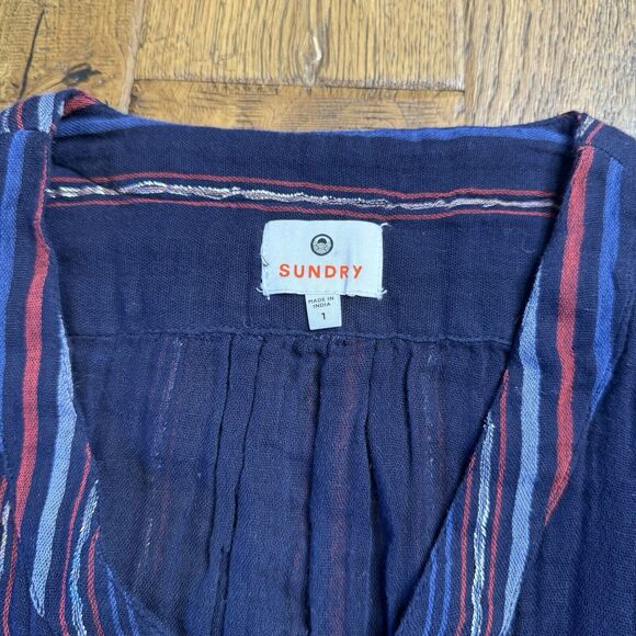 Anthropologie Sundry Dress Sz 1 Navy Striped Metallic Ruffle Midi Boho Peasant - Picture 3 of 8